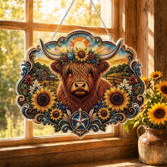 Highland Cow Hanging Diamond Art Kits for Adults, DIY Window Suncatcher Hanging Ornament, Double-Sided Acrylic Decor with Special Shaped Diamonds for Home Garden Gift