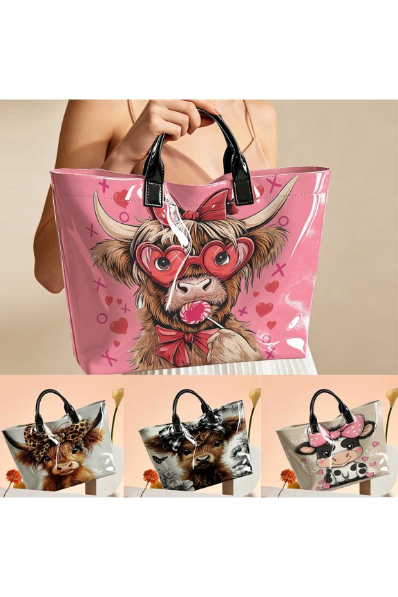 Highland Cow Heart Sunglasses Tote Bag for Women, Large Capacity Waterproof Top Handle Handbag, Fashion Shopping Commute Travel Purse, Valentine's Day Gift