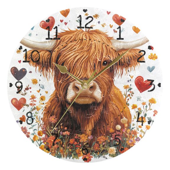 Highland Cow Hearts and Flowers Valentine Round Wall Clock Silent Analog Battery Operated Gold Pointer Home Decor 9.84" Diameter