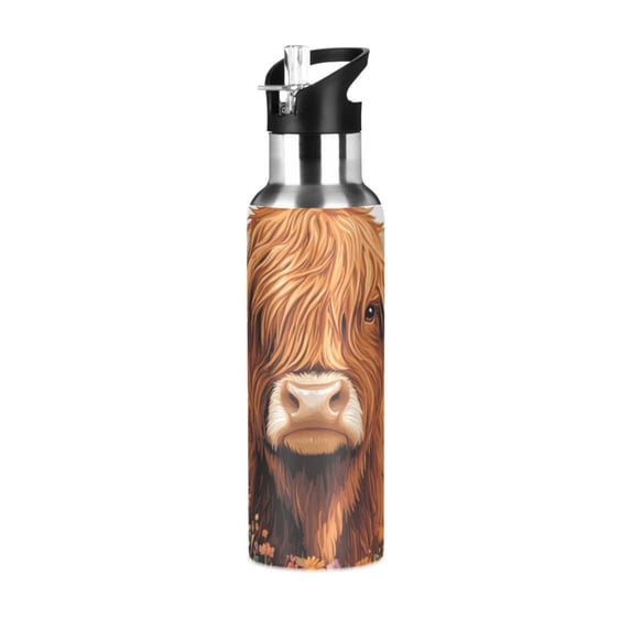 Highland Cow Hearts and Flowers Valentine Sports Bottle with Straw Stainless Steel Water Jug Portable Thermal Cup Leak-proof 1000ML