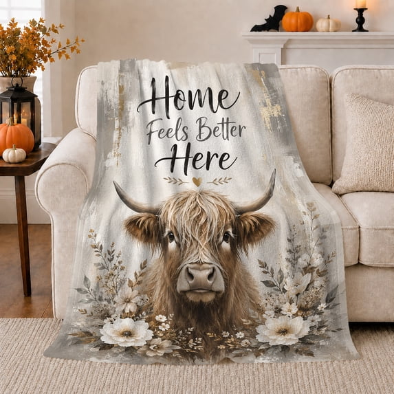 Highland Cow with Home Feels Better Here, Rustic Farmhouse Style for Animal Lovers, Floral Quote Scene, Warm Flannel Blanket for Living Room and Bedroom, Housewarming Gift and Country Home Decor