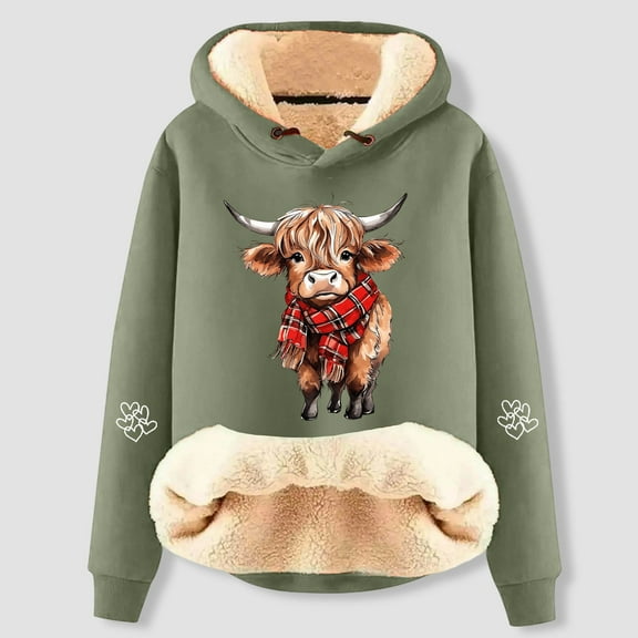 Highland Cow Hoodie Women Cute Graphic Print Sweatshirt (Light Green XL)