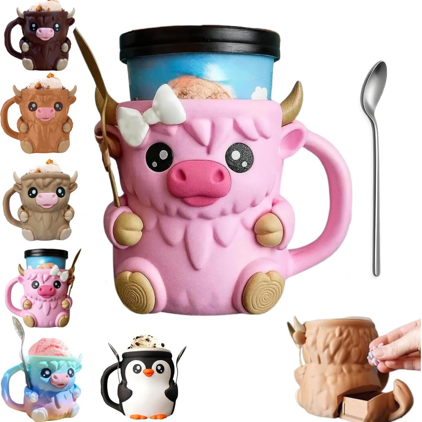 Porte-pinte De Glace En Forme De Vache Highland – Avec Poignée Antigel Et 2 Cuillères – Pour Pintes 16 Oz – Cadeau Original Pour Amateurs De Crème Glacée