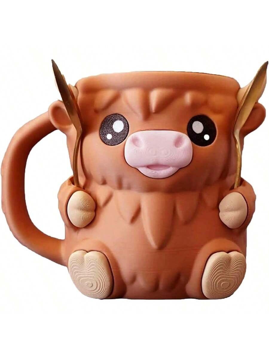 Highland Cow Ice Cream Pint Holder with Spoon and Handle, Insulated Ice Cream Sleeve and Needle Cover for Pints, Leak-Proof Cooler Container for Frozen Treats and Beer Can Cup