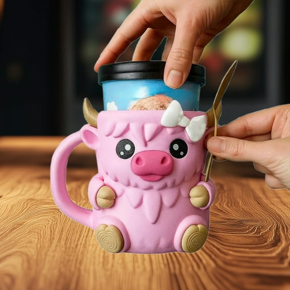 Highland Cow Ice Pint Holder, Ice Cream Pint Holder, Cute Animal Ice Cream Cooler Container Leak-proof Popsicle Comfortable Beer Can Cup, Gift for Highland Cow Lovers (Pink)