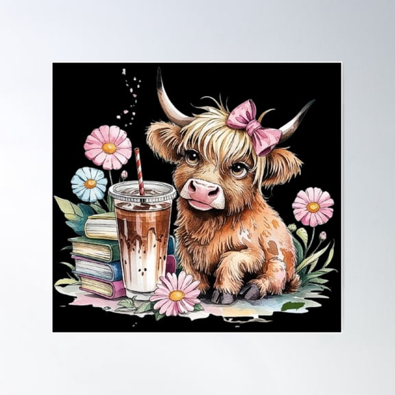 Highland Cow With Iced Coffee And Books Â€“ Cute Cottagecore Farm Aesthetic Poster Wall Art, Modern Wall Decor For Living Room Bedroom, 16x24 UNFRAMED