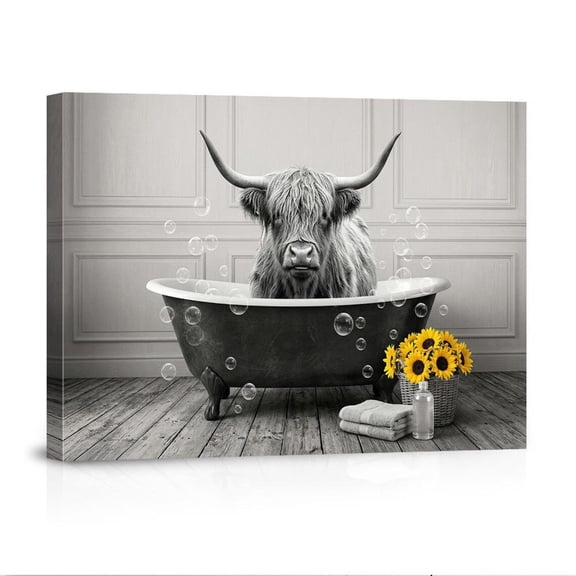 Highland Cow In Bathtub Sunflower Rustic Farmhouse Bathroom USA Made Canvas
