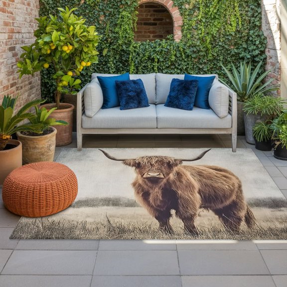 Highland Cow Indoor Outdoor Rugs 3x5 Ft, Field Nature Animal Rural Landscape Outdoor Patio Rugs Mat Washable Outside Area Rugs Carpet for Porch Deck RV Camping Pool Balcony Backyard