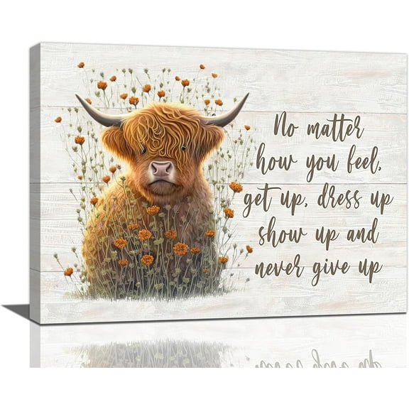Highland Cow Inspirational Wall Decor Motivational Cow Pictures Wall Art Farmhouse Rustic Cattle Canvas Print Painting Framed Home Artwork Decorations For Bedroom Bathroom Office Kitchen 16"x12"