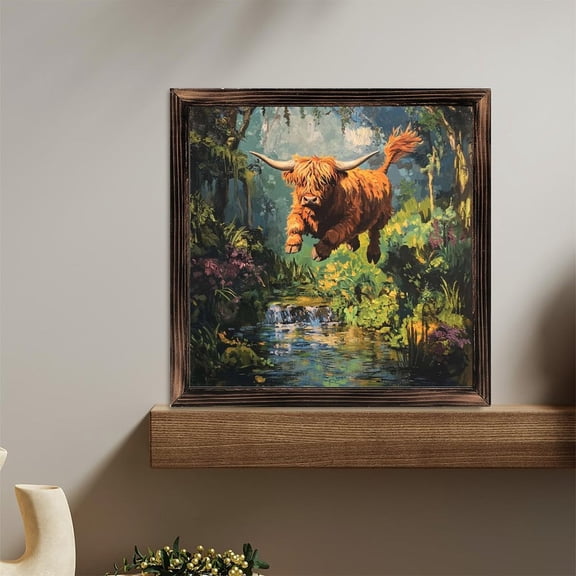 Highland Cow Jumps Stream Wooden Sign Wall Plaque - Vintage Art Decoration, Wall Decoration - Ideal Gift For Home Decoration, Living Room, Bathroom, Bedroom, Garden, Dining, Bar, Cafe, Festival Par