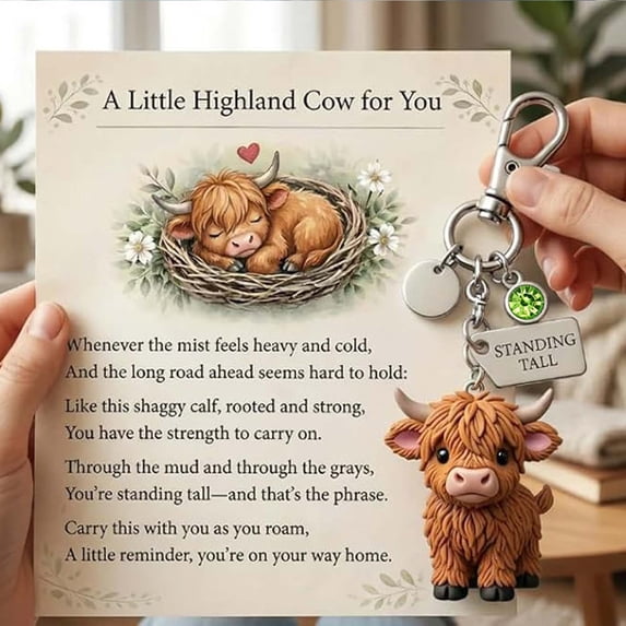 Highland Cow Keychain, A Little Highland Cow for You Keychain, 3D Resin Cow Keychain Bag Charm for Family Animal Lover