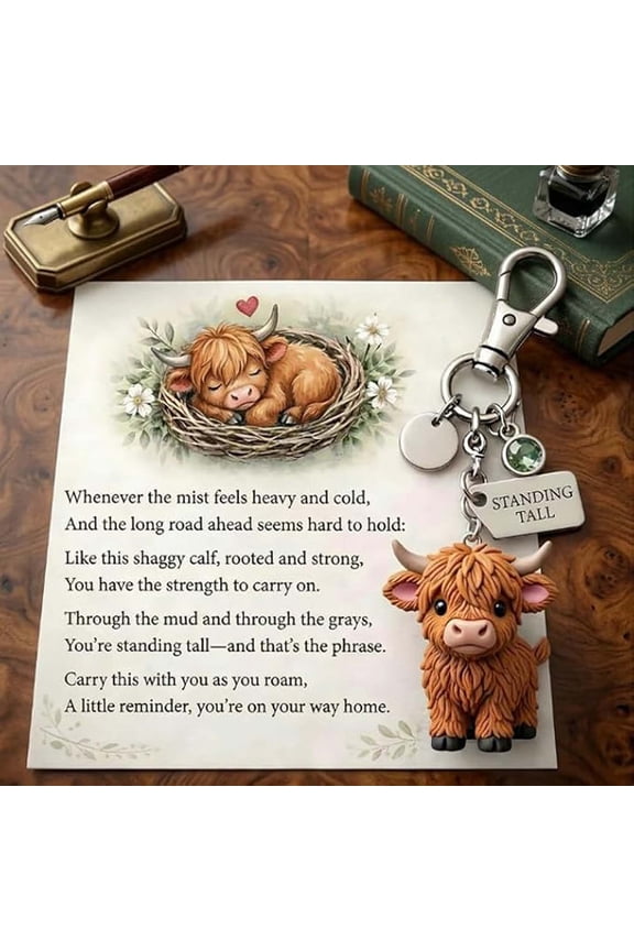 Highland Cow Keychain with Inspirational Card, Resin Cow Charm Key Ring with Engraved Monthly Detail, Daily Carry Backpack Purse Charm Key Accessory, Encouragement Gift for Women Friends