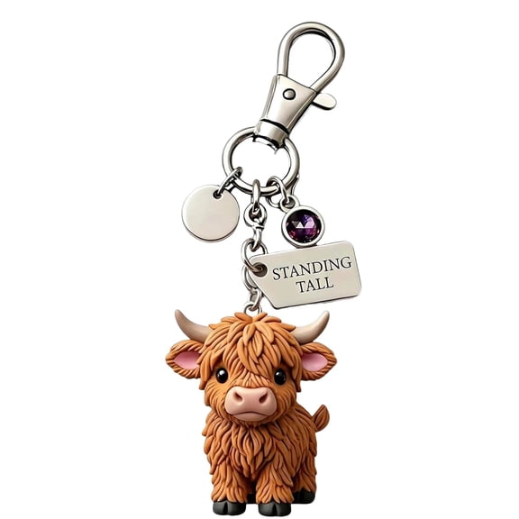 Highland Cow Keychain,Little Highland Cow For You Keychain,3D Cow Keychain Charm With Sentiment Card,Remind You Of The Power Of Silences Every Day.(February)
