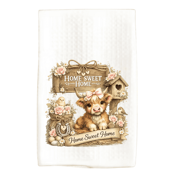 Highland Cow Kitchen Dish Towel Home Sweet Home Design, Waffle Weave Microfiber, 16 x 24, Farmhouse Dcor