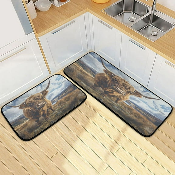 Highland Cow Kitchen Rugs Set Non Slip Mats Runner for Dining Room