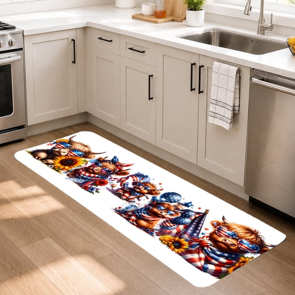 Highland Cow Kitchen Runner Rug 18x60 Inch, Farmhouse Rustic Cow Floor Mat, Patriotic Highland Cattle Decor, Country Kitchen Runner Rug, Non Slip Mat for Kitchen Sink Home Entryway Laundry Room