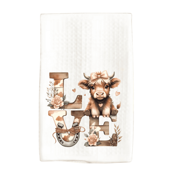 Highland Cow Kitchen Towel, Love Pink Floral Horseshoe Design, 16x24, Beige