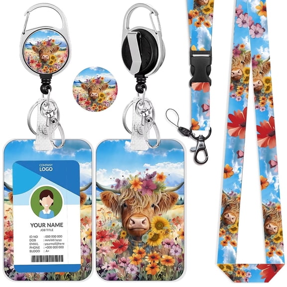 Highland Cow Lanyards for ID Badges,ID Badge Holder with Breakaway Lanyard, Cute Flower Badge Reels Retractable, ID Card Holder with Retractable Keychain, Badge Clip for Teacher Nurse Student