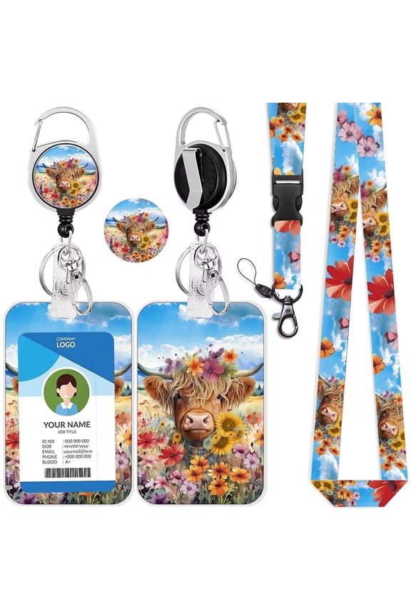 Highland Cow Lanyards for ID Badges,ID Badge Holder with Breakaway Lanyard, Cute Flower Badge Reels Retractable, ID Card Holder with Retractable Keychain, Badge Clip for Teacher Nurse Student