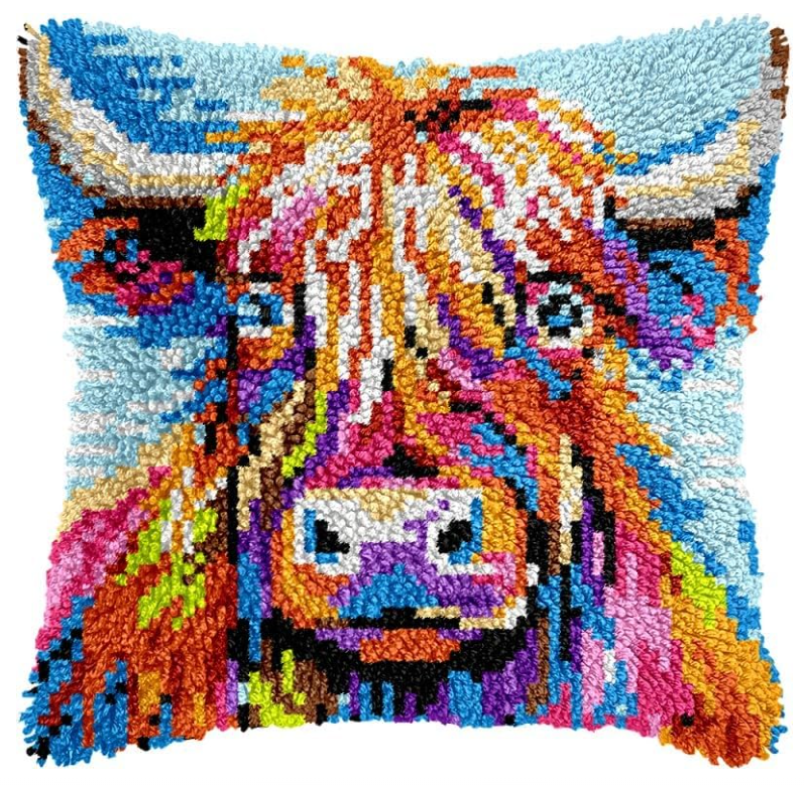 Highland Cow Latch Hook Kits Pillow For Adults Throw Pillow Pre-Printed Patterns Pillowcase Needlework Crochet Yarns Latch Hooking Cushion For Sofa Decor 17x17inch
