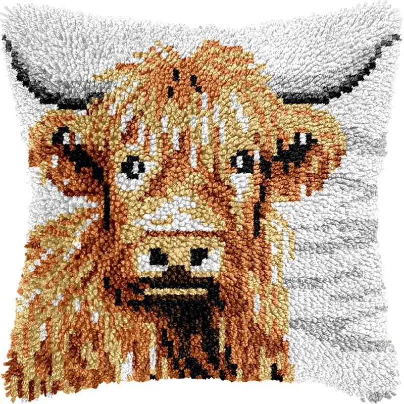 Highland Cow Latch Hook Pillow Kits Cushion Pillowcase with Pattern Printed Canvas Sofa Hooking Pillows Crafts Embroidery Latch Hooking Crochet Kits 17x17 inch(187)