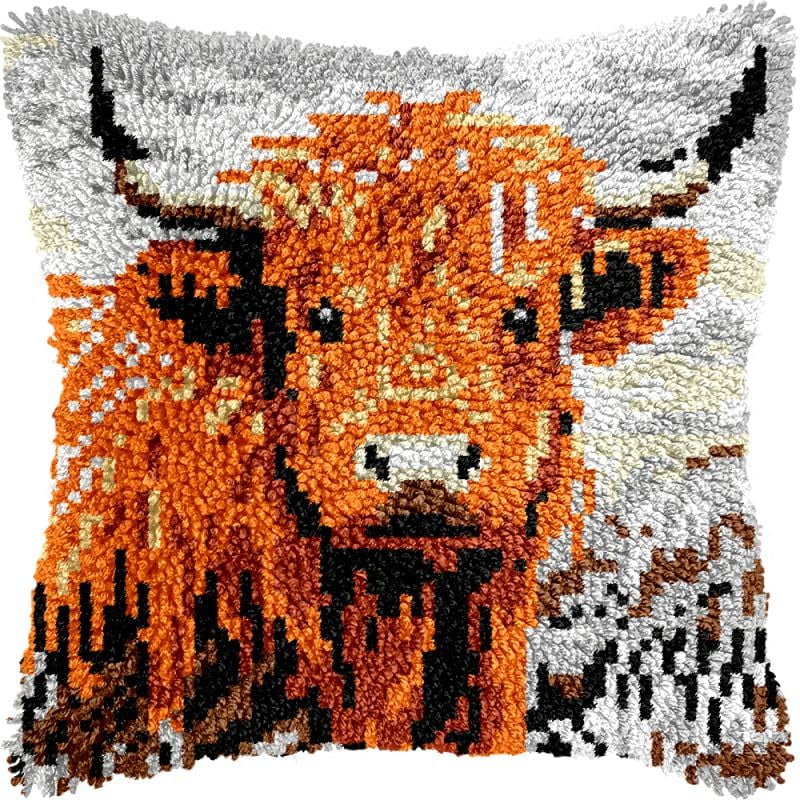 Highland Cow Latch Hook Pillow Kits Cushion Pillowcase with Pattern Printed Canvas Sofa Hooking Pillows Crafts Embroidery Latch Hooking Crochet Kits 17x17 inch(21)