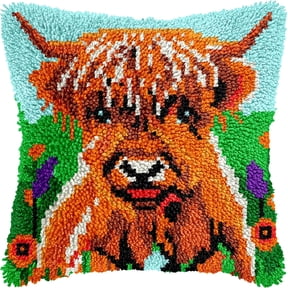 Latch Hook Kit for Adults, Diy Highland Cow Pillow & Rug Craft Kit for Beginners, Animal Handmade Yarn Art, Relaxing Home Sofa Decor Gift