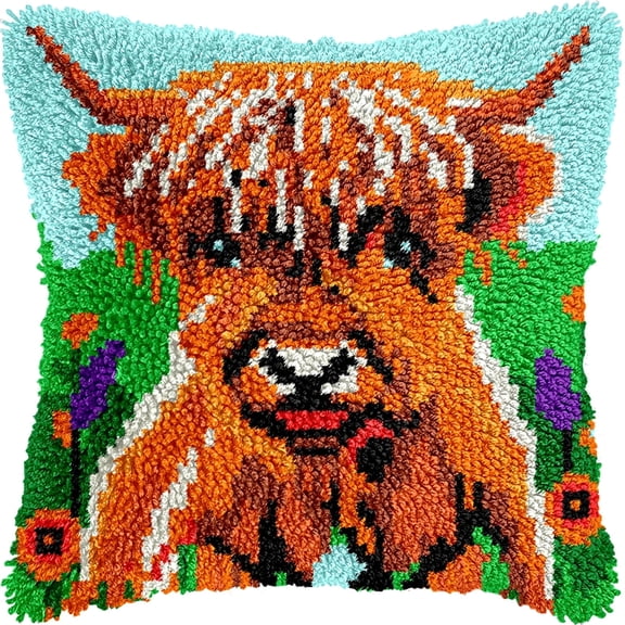 Latch Hook Kit for Adults, Diy Highland Cow Pillow & Rug Craft Kit for Beginners, Animal Handmade Yarn Art, Relaxing Home Sofa Decor Gift