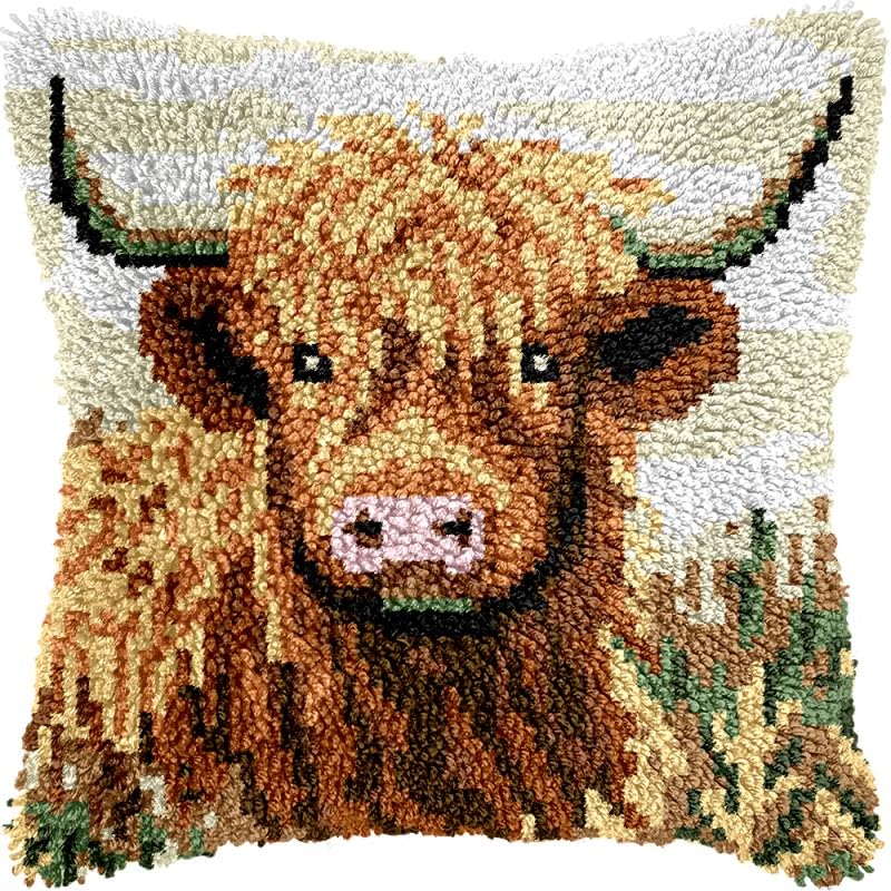 Highland Cow Latch Hook Pillows Kits Cushion Pillow Cover with Pattern Printed Canvas Sofa Hooking Pillowcase Crafts Embroidery Latch Hooking Crochet Kits Set 17x17 inch(1)