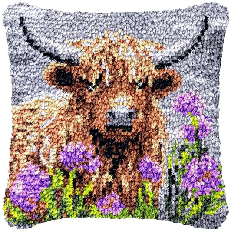 Purple Flower Cow Latch Hook Pillowcase Kits for Adults and Starter DIY Cushion Latch Hooking Make Rug Kits with Preprinted Canvas Crochet Yarn Kits Needlework Crafts 17'' X 17''