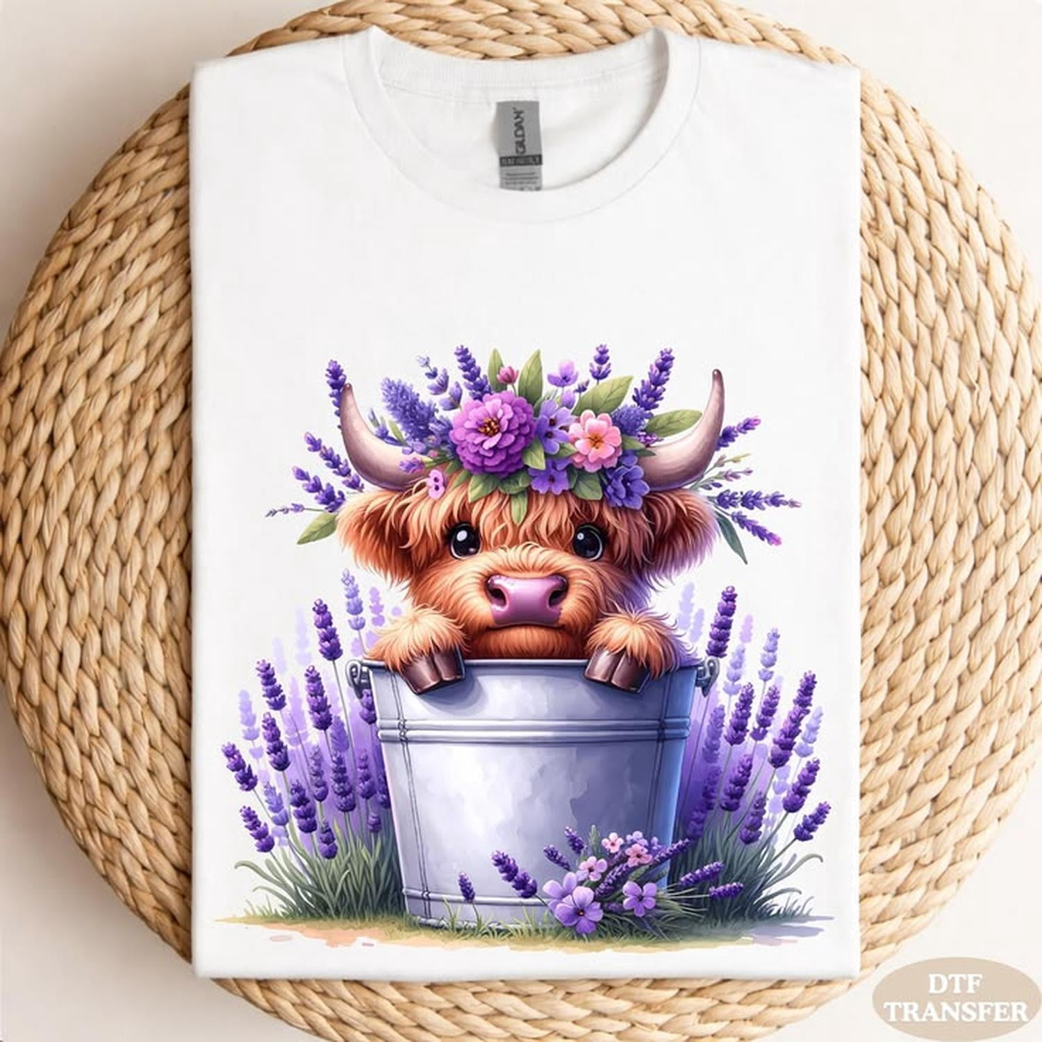 Highland Cow Lavender D Transfer, Floral Farm Animal Ready Press ...