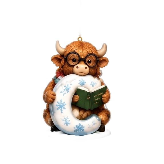 Highland Cow Letter C Christmas Ornament with Reading Book and ...
