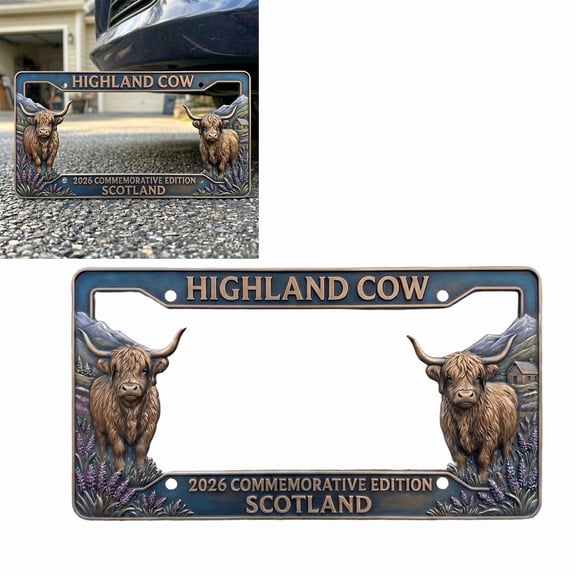 Highland Cow License Plate Frame, Rustic Floral Animal Decorative Car Tag Cover, Scotland Style Auto Plates for Cars Trucks