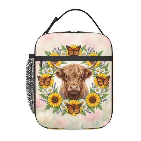 Highland Cow Lunch Bag,Rustic Sunflower Reusable Insulated Lunch Box With Side Pockets For Women Men Portable Thermal Cooler Bag For Work,Picnic,Beach,Office