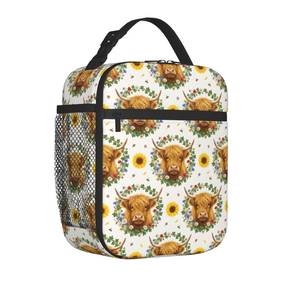 Highland Cow Lunch Box, Modern Geometric Cattle Insulated Meal Tote, Reusable Quality Thermal Bento Container, Chic Travel Handbag For Commuter