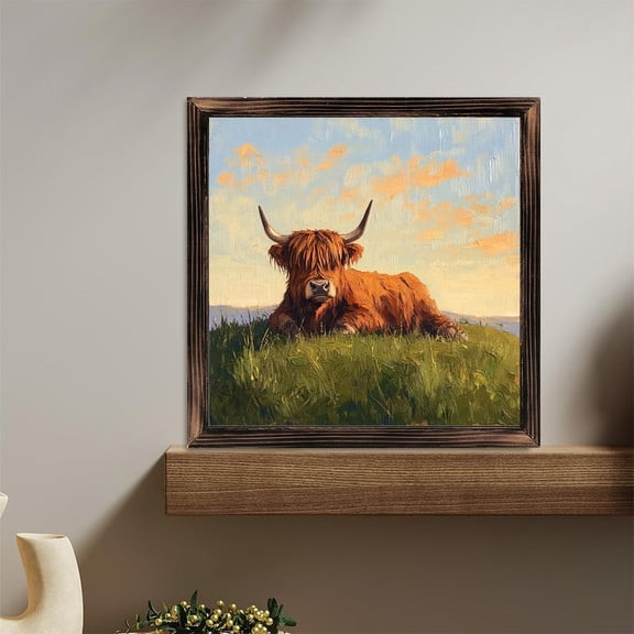 Highland Cow Lying Grass Sky Sunset Wooden Sign Wall Plaque - Vintage Art Decoration, Wall Decoration - Ideal Gift For Home Decoration, Living Room, Bathroom, Bedroom, Garden, Dining, Bar, Cafe, Fe