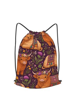 Highland Cow Meadow Pattern Drawstring Backpack Gym String Bag Sports Sackpack Cinch Sack, M