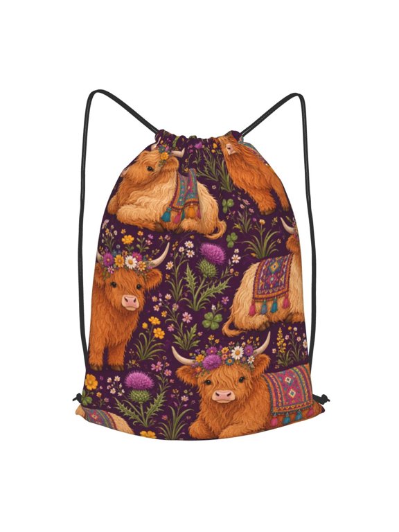 Highland Cow Meadow Pattern Drawstring Backpack Gym String Bag Sports Sackpack Cinch Sack, S