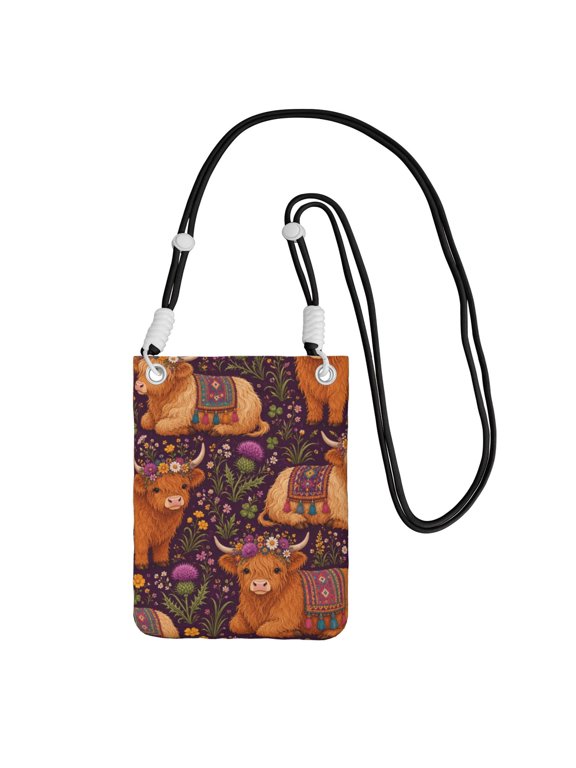 Highland Cow Meadow Pattern Small Crossbody Phone Bag, Cell Phone Purse with Adjustable Removable Strap, Mini Travel Shoulder Pouch