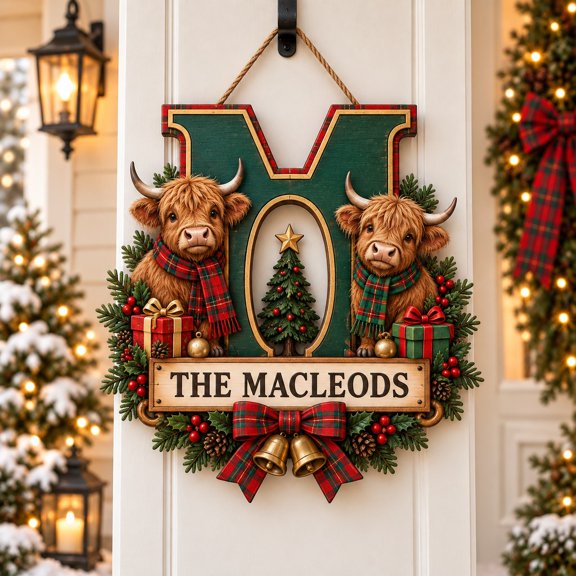 Highland Cow Monogram Custom Surname Wooden Door Sign Christmas Door Sign