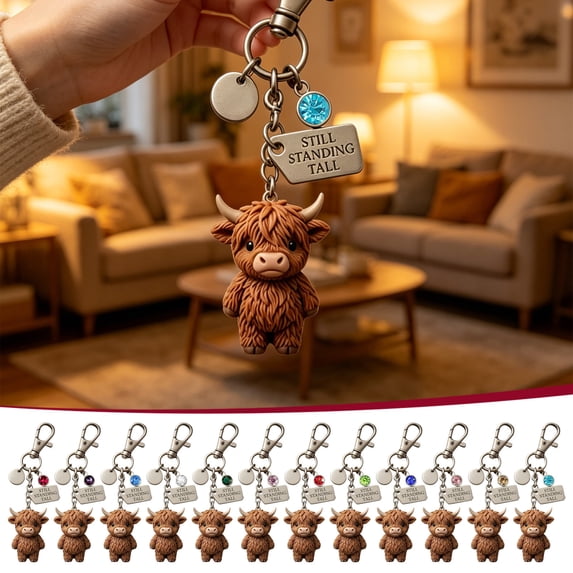 Highland Cow Monthly Inspirational Keychain, Daily Carry Bag Pendant Charm, Cute Ornament for Key Decoration Holiday Gift Giving, I