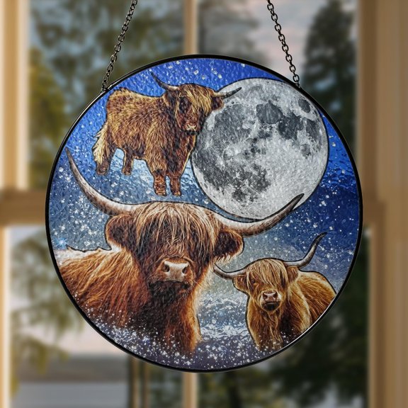 Highland Cow Moon Glass Suncatcher, Funny Window Panel Farmhouse Rustic Style, 7.9 in