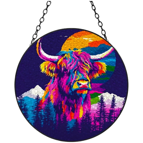 Highland Cow Mountain Moon Tree Stained Glass Suncatcher Handmade Window Hanging Colored Glass Suncatcher Crafts Kits for Indoor Garden Decor Memorial Gift 16x16cm