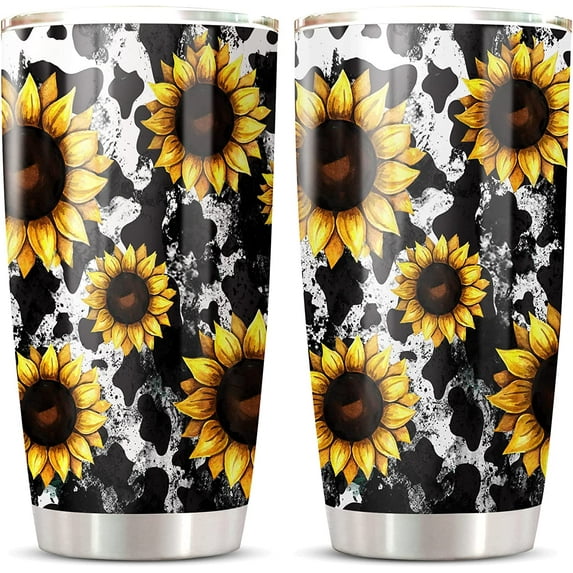 Highland Cow Mug 20 Oz with Lid - Cow Tumbler Isolated Stainless Steel, Purple Daisy Cow Print Coffee Travel Mugs Cup For Women Girls Cows Lovers, Black and White Cow Themed Gifts