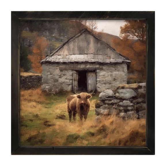 Highland Cow Near Stone Wall - Black Frame 25x25 - Ginger Blue Home