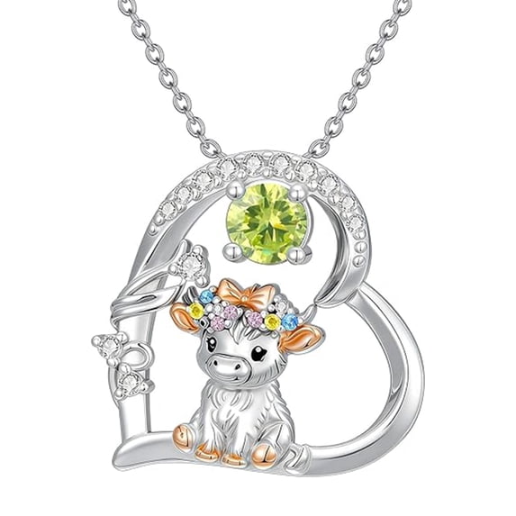 Highland Cow Necklace 925 Sterling Silver Cute Calf August Birthstone Heart Pendant Necklaces for Women Mother Daughter Birthday Jewelry Gifts 18" + 2"