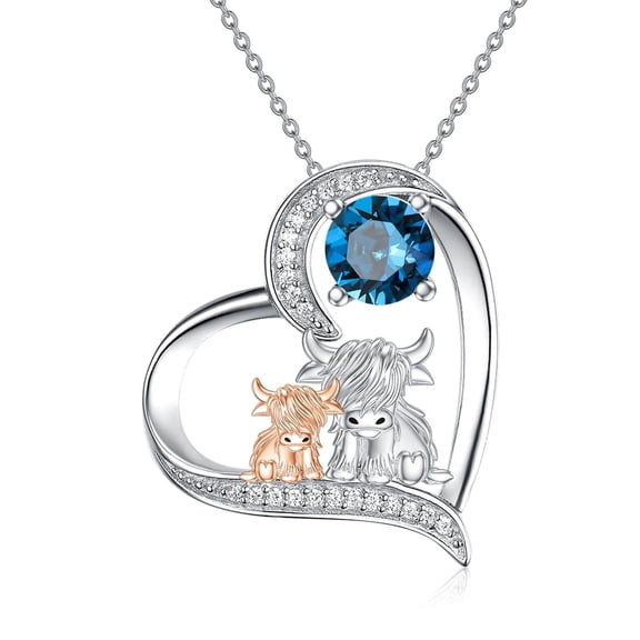 Highland Cow Necklace 925 Sterling Silver September Birthstone Heart Pendant Necklaces for Women Mother and Me Birthday Jewelry Gifts 18" + 2" Extender