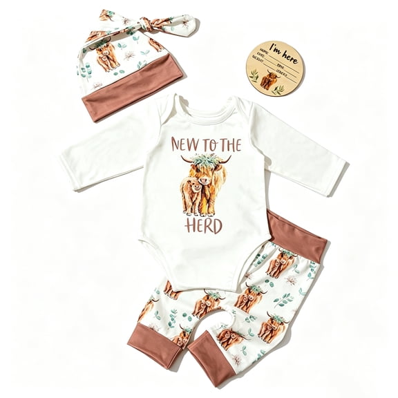 Highland Cow Newborn Photoshoot Outfit Set Long Sleeve Onesie Pants Hat Neutral Western Farm Baby Clothes for Milestone Photoshoot Daily Wear