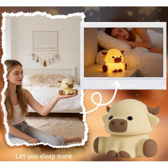 Highland Cow Night Light, Cute Animal Silicone Touch Cow Lamp, Highland Cow Gifts for Boys Girls Women Christmas, Dimmable Soft Glow Bedside Lamp for Nursery Bedroom Decor