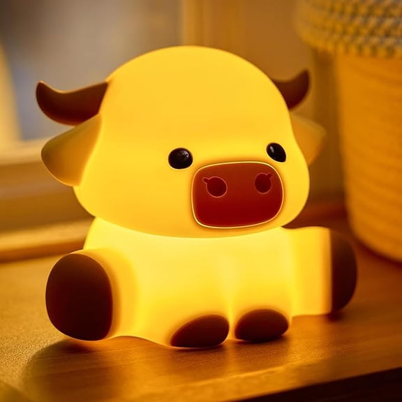 Highland Cow Night Light, Fluffy Cow Squisy Lamp for Kids, Soft Silicone Animal Nightlamp with Dimmable & 30 Mins Timer, Rechargeable LED Light Gifts for Baby Boys Girls